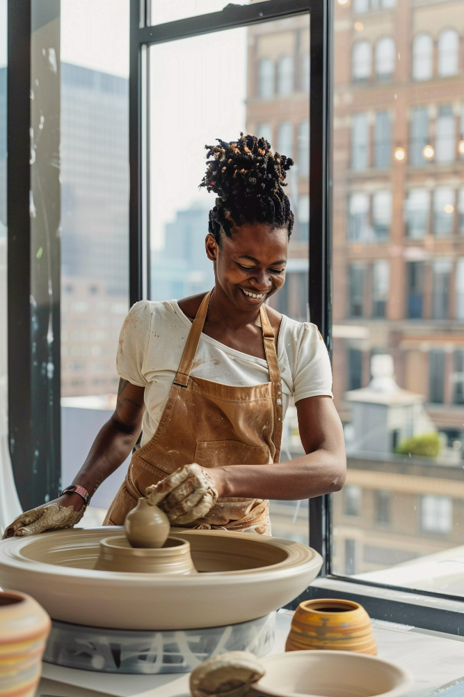 Potter shaping clay on a wheel