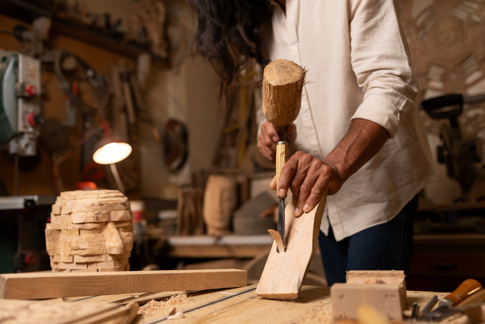 Woodcarver shaping timber with chisel and mallet